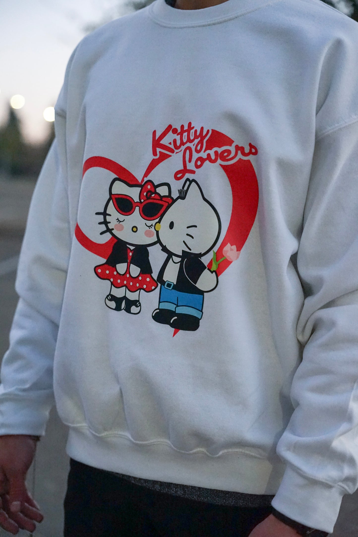 {White} HK Kitty Lovers Crewneck